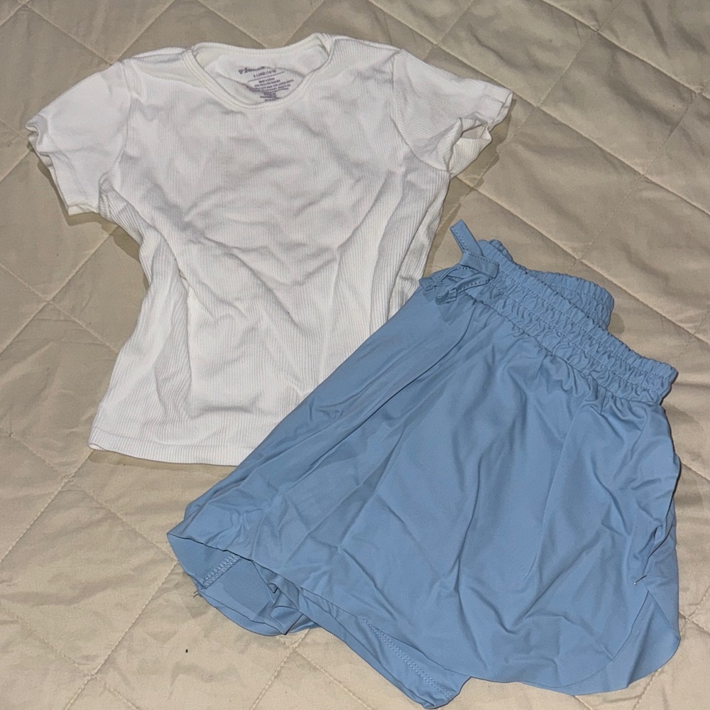 White Ribbed Crop Tee with Light Blue Elastic Waist Shorts